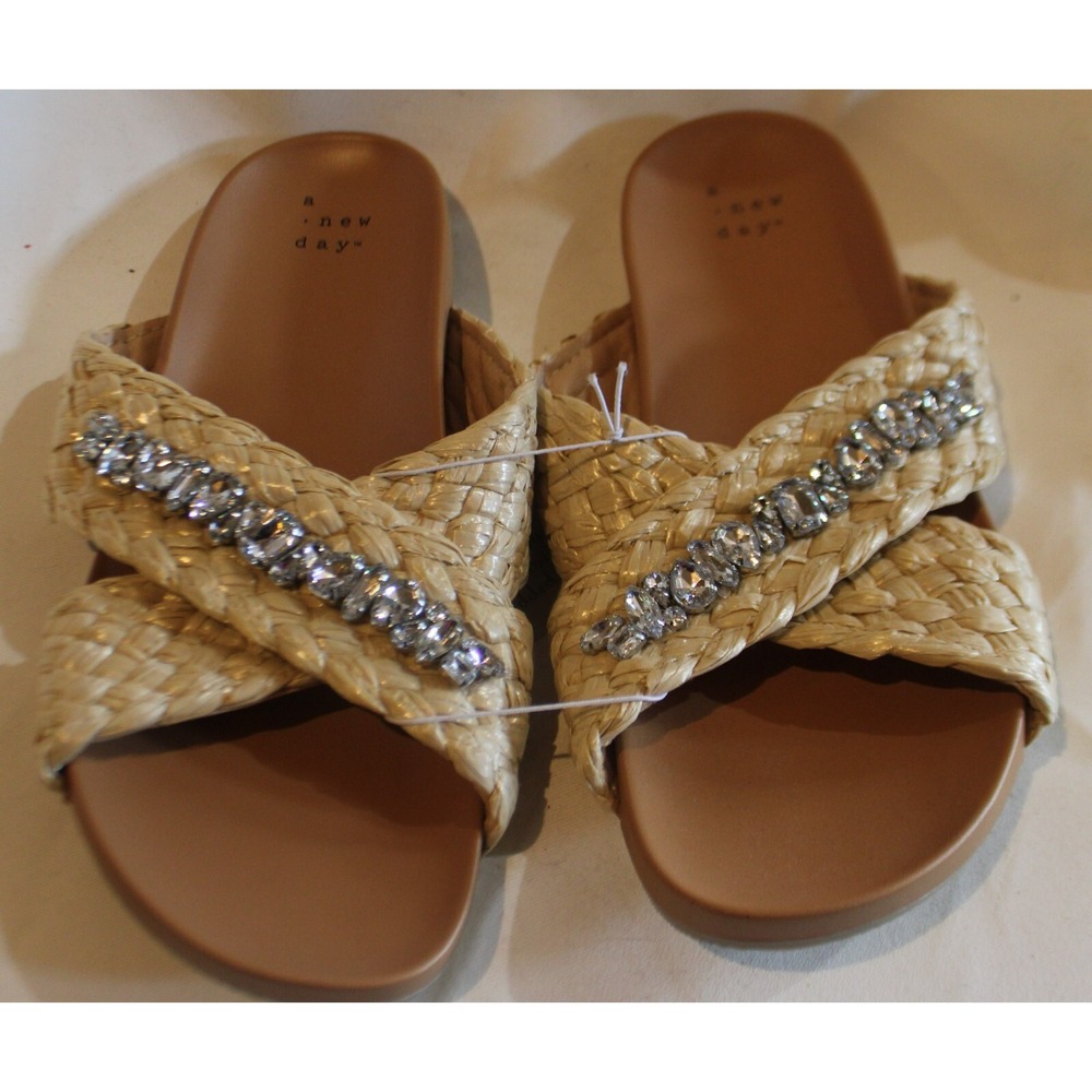 A New Day Womens Sz 7 Ivory Phylis Woven Crisscross Strap Crystal Stud